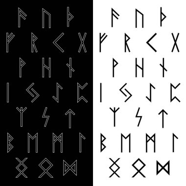 Bir dizi İskandinav mührü. Runik alfabe - Yaşlı Futhark. Viking rünleri. Esrarengiz, cadılık. Çizgi çalışması. Siyah beyaz arka planda izole semboller. Vektör illüstrasyonu