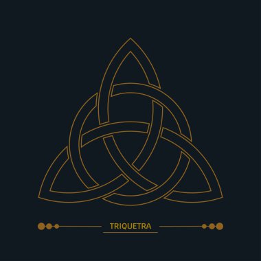 Triquetra, Kelt düğümü işareti. İskandinav koruyucu tılsımı. Çizgi sanatı, sanat deco rengi. Esrarengiz, kutsal geometri, cadılık. Vektör altın illüstrasyon siyah arkaplanda izole