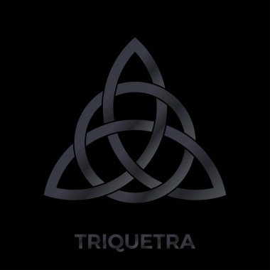 Triquetra işareti, Kelt düğümü logosu. İskandinav koruyucu tılsımı. Putperest vektörü. Üçgenin Kelt sembolü. İskandinav dövmeleri. Siyah arkaplan üzerinde koyu gri gradyan renginde izole resimleme