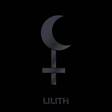 Lilith sign. False moon, demon goddess. Protective amulet for witches. Esoteric, sacred geometry, witchcraft. Wiccan vector. Isolated illustration on black background in dark grey gradient color clipart