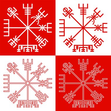Vegvisir sembolü seti, runik pusula. İzlanda sihirli değnekleri. Viking pusulası. Putperest vektörü. İskandinav dövmeleri. Çizgi çalışması. Beyaz arkaplanda kırmızı renkte izole illüstrasyon