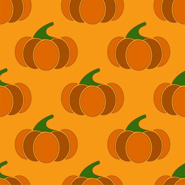 Kusursuz Cadılar Bayramı balkabağı deseni. Sarı arka planda renkli balkabağı. Ambalaj kağıdı, tekstil baskıları, duvar kağıtları için hoş bir desen. Vektör illüstrasyonu.