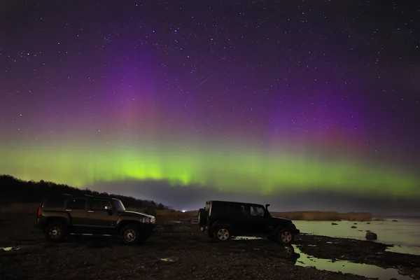 Luci settentrionali sul lago Ladoga nel mese di aprile 2016 — Foto Stock