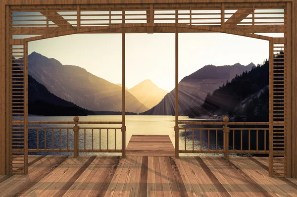 Dağ gölü manzarasına sahip ahşap Teras