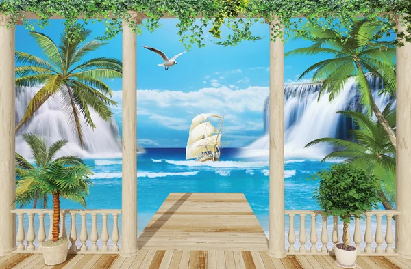 Wooden terrace with sea view Stock Photo