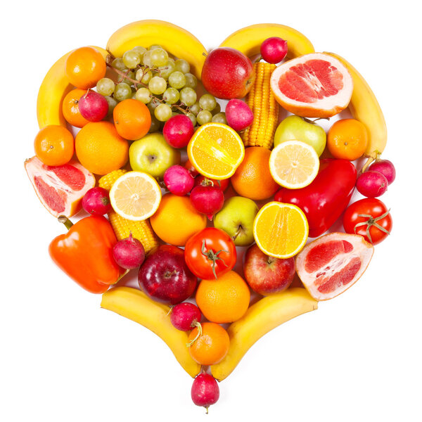 Fruits and vegetables isolated in the form of heart