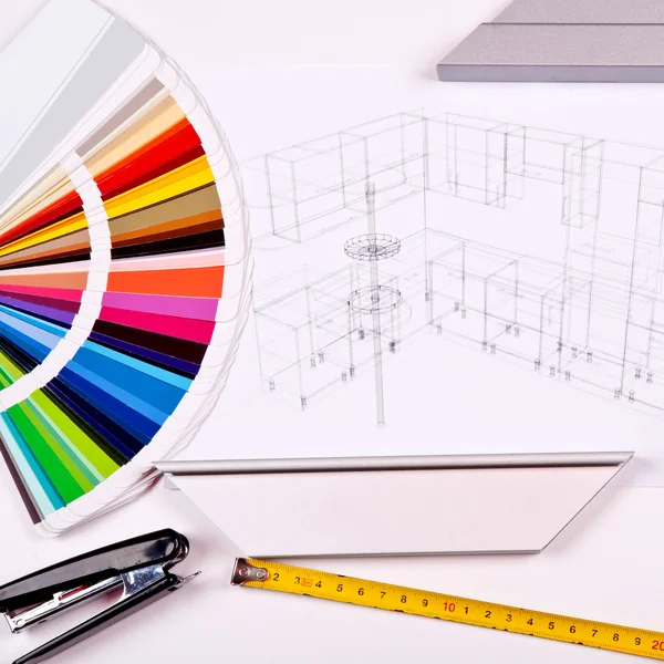 A paleta de cores e o desenho do design da cozinha — Fotografia de Stock