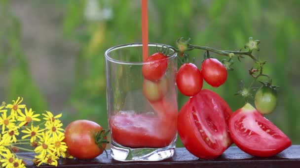 Sumo de tomate é derramado em um copo sobre a natureza no jardim, ao lado de um monte de tomates maduros — Vídeo de Stock