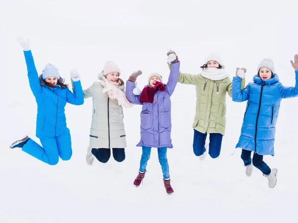 Allegri adolescenti felici in vestiti invernali che tengono una mano in un salto in una giornata invernale nella natura — Foto Stock