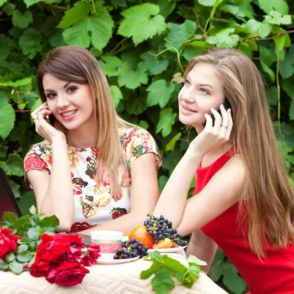 Девушки разговаривают по мобильному телефону на улице — стоковое фото
