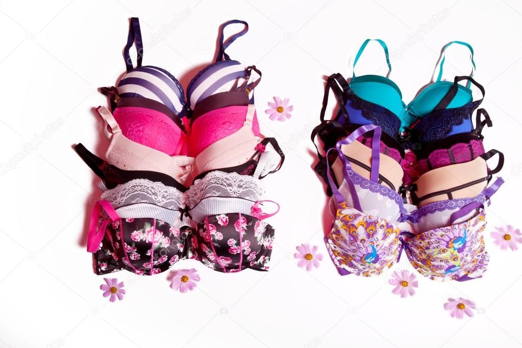 Many colored bra on a white background