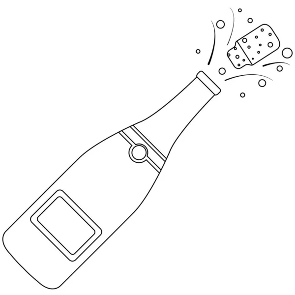 Illustration Vectorielle Bouteille Ouverte Champagne Isolée Noire Doodle Sur Fond — Image vectorielle