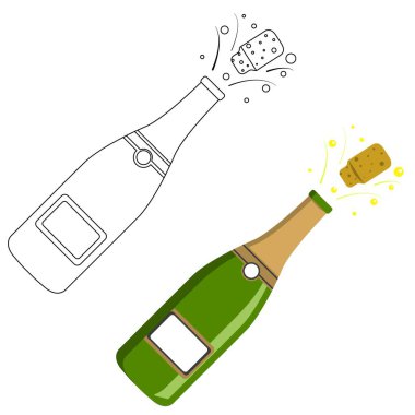 Beyaz arka planda izole edilmiş bir şampanya şişesinin vektör çizimi. Basit düz biçim.