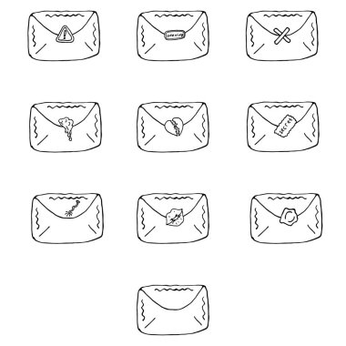 El çizimi ögesi, siyah renkli vektör çizimi beyaz arkaplanda izole edilmiş. Zarf seti, karalama.