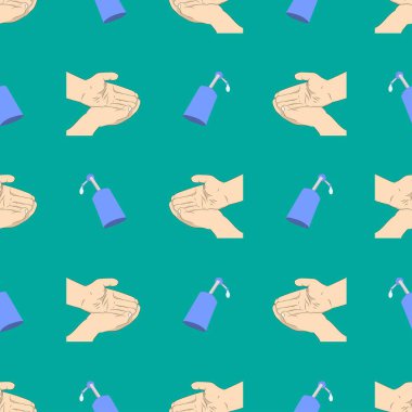 Vektör çizimi. Yeşil arka planda el hijyeni. Kusursuz desenler.