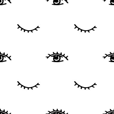 Kusursuz desenler. Açık ve kapalı göz soyutlaması beyaz arka planda izole edildi. Vektör illüstrasyonu.