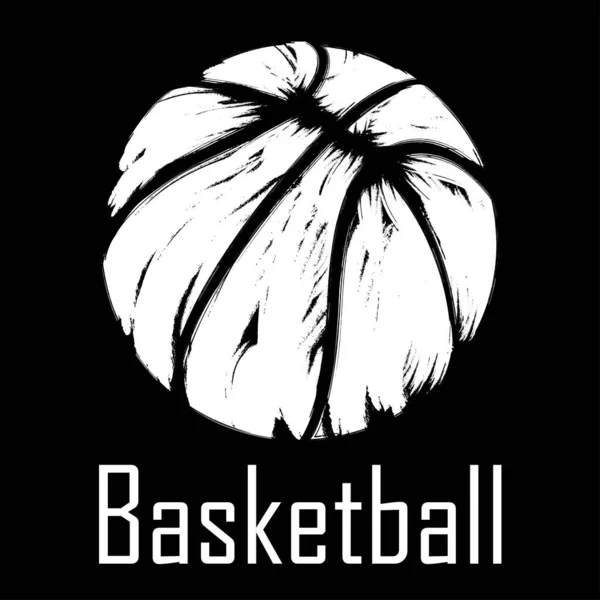 Icono Pelota Baloncesto Blanco Aislado Con Texto Sobre Fondo Negro — Vector de stock