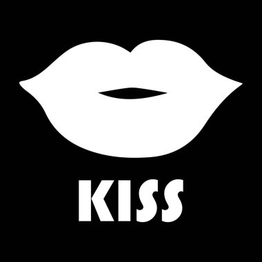 Siyah arkaplanda yazılı beyaz dudak simgesi. Poster, afiş ve kıyafetler için tasarım öğesi. Basit düz stil. Vektör illüstrasyonu.