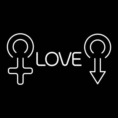 Siyah arka planda yazılı beyaz erkek ve kadın sembolü. Poster, afiş ve kıyafetler için tasarım öğesi. Basit düz stil. Vektör illüstrasyonu.