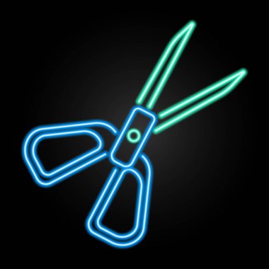 Makas neon tabela, modern parlayan pankart tasarımı, siyah arkaplanda renkli modern tasarım trendi. Vektör illüstrasyonu.