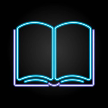 Açık kitap neon tabelaları, modern tasarım, ışık pankartı, modern tasarımın siyah zemin üzerindeki renkli eğilimi. Vektör illüstrasyonu.