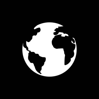 Siyah arka planda izole edilmiş beyaz gezegen Dünya ikonu. Vektör illüstrasyonu.