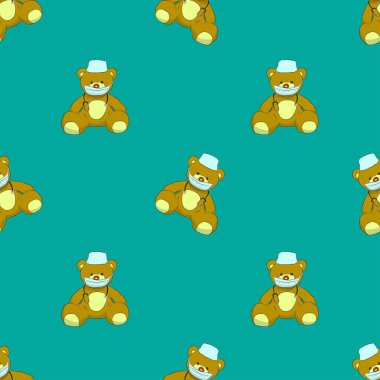 Kusursuz desenler. Oyuncak ayı, tıbbi maske arka planda izole edilmiş. Vektör illüstrasyonu.