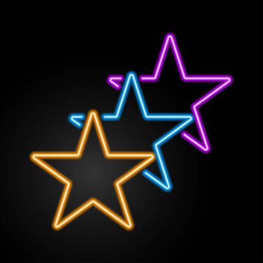 Üç yıldızlı neon tabela, modern parlayan pankart tasarımı, renkli modern tasarım eğilimi siyah arka planda. Vektör illüstrasyonu.