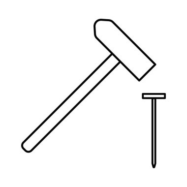 Çekiç ve çivi ikonu. El çizimi ögesi, beyaz arkaplanda siyah vektör illüstrasyonu.