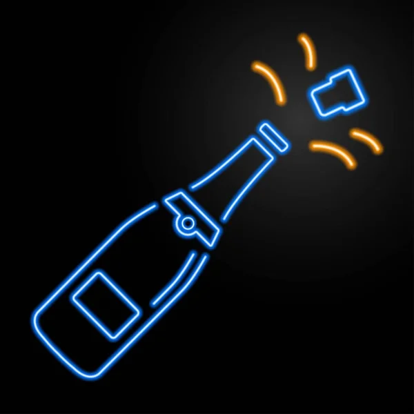   Şampanya şişesi neon tabelaları, modern parlayan pankart tasarımı, siyah arka planda renkli modern tasarım trendi. Vektör illüstrasyonu.