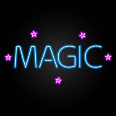 Sihirli metin neon işareti, modern parlayan pankart tasarımı, modern tasarımın siyah zemin üzerindeki renkli eğilimi. Vektör illüstrasyonu.