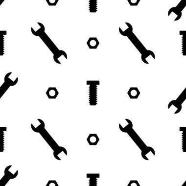 İngiliz anahtarı, cıvata ve beyaz arka planda izole edilmiş fındıksız desen. Vektör illüstrasyonu.