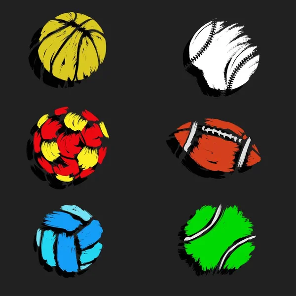 Set Sports Ball Brush Strokes Isolated Dark Background Vector Illustration — ストックベクタ