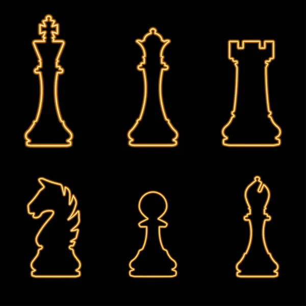 Chess pieces set neon sign, modern glowing banner design.