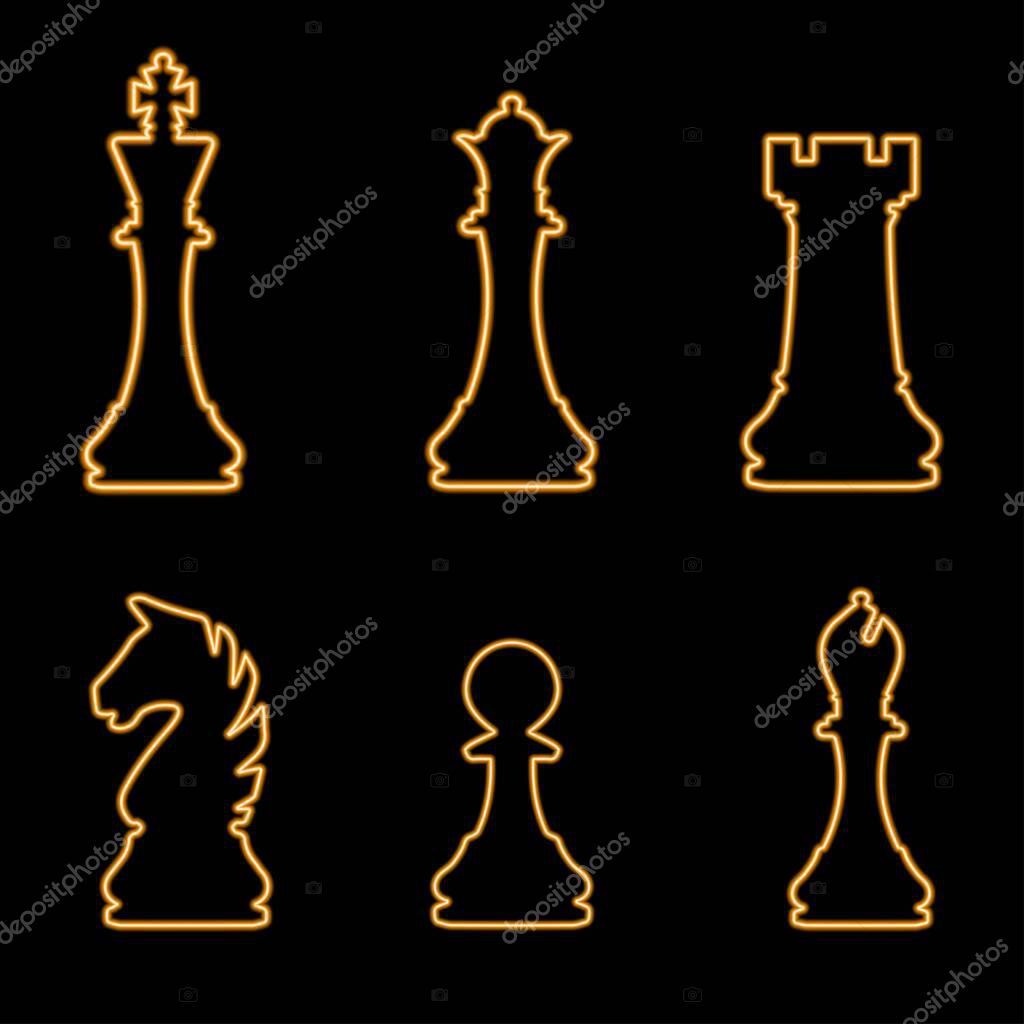 Chess pieces set neon sign, modern glowing banner design.