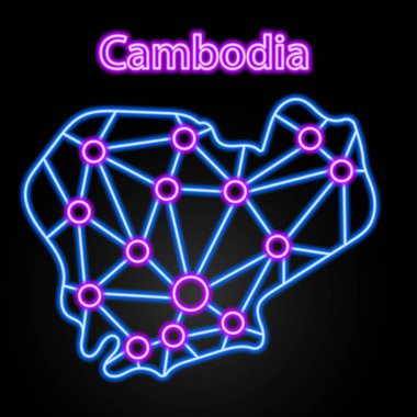 Kamboçya haritası neon simgesi, izole vektör illüstrasyonu.