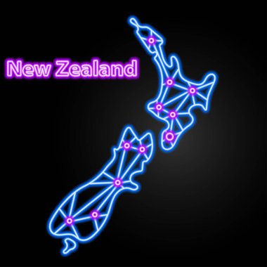 Yeni Zelanda neon haritası, izole vektör illüstrasyonu.