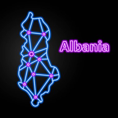 Arnavutluk neon haritası ve izole edilmiş vektör illüstrasyonu.
