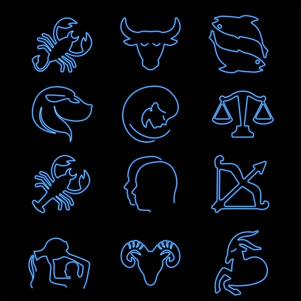 Zodiac tabelaları neon, modern parlayan pankart tasarımı, renkli modern tasarım trendleri siyah arka planda. Vektör illüstrasyonu.