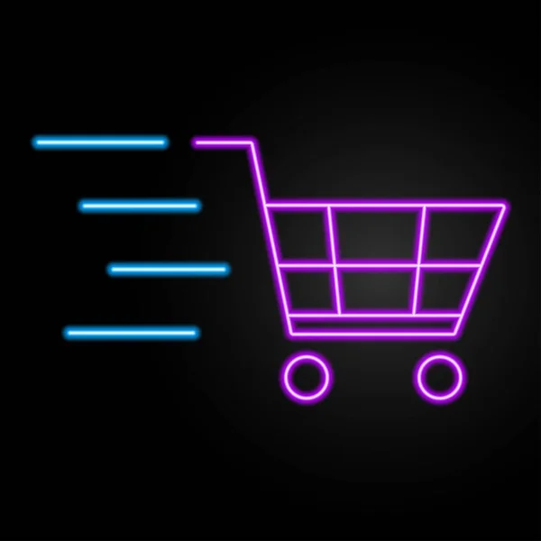 Alışveriş arabası neon ışığı, modern parlayan pankart tasarımı, renkli modern tasarım trendleri siyah arka planda. Vektör illüstrasyonu.