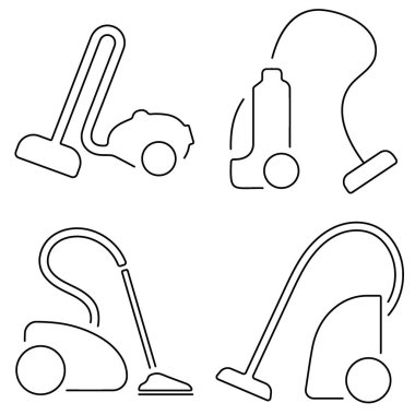 Beyaz arkaplanda siyah elektrik süpürgesi simgeleri grubu.