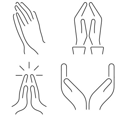 Beyaz arka planda bir grup siyah dua eden el simgesi. Vektör illüstrasyonu.