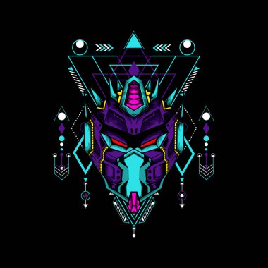 Siyah arkaplanda geometrik desenli Mecha maskesi t-shirt veya logo için kullanılabilir
