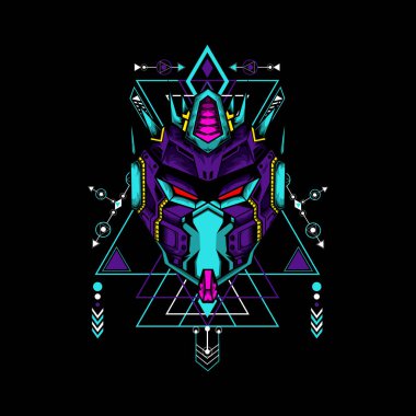 Siyah arkaplanda geometrik desenli siber maske, t-shirt veya logo için kullanılabilir