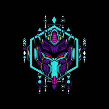 Siyah arkaplanda geometrik desenli siber maske, t-shirt veya logo için kullanılabilir