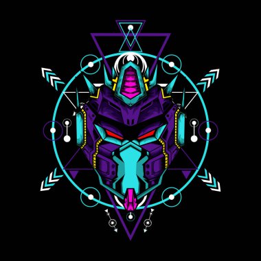 Siyah arkaplanda geometrik desenli Mecha maskesi t-shirt veya logo için kullanılabilir