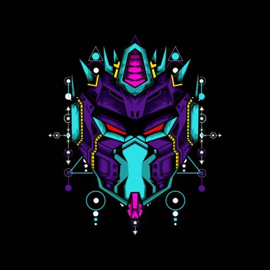 Siyah arkaplanda geometrik desenli Mecha maskesi t-shirt veya logo için kullanılabilir