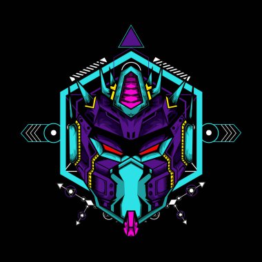 Siyah arkaplanda geometrik desenli siber maske, t-shirt veya logo için kullanılabilir