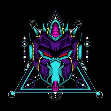 Siyah arkaplanda geometrik desenli Mecha maskesi t-shirt veya logo için kullanılabilir