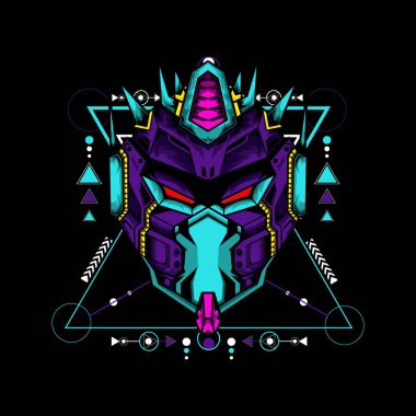 Siyah arkaplanda geometrik desenli siber maske, t-shirt veya logo için kullanılabilir